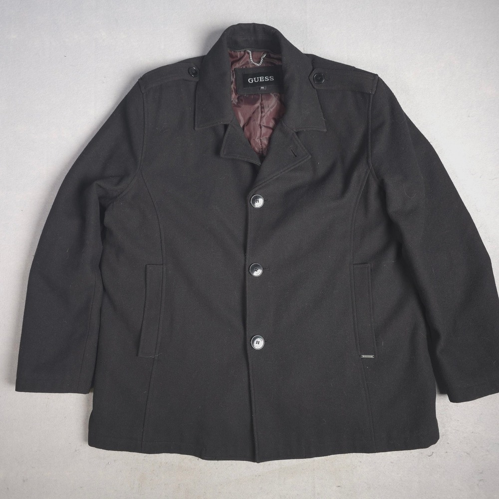 Guess Wool Blend Pea Coat Jacket‎ Button Front Overcoat Black XXL